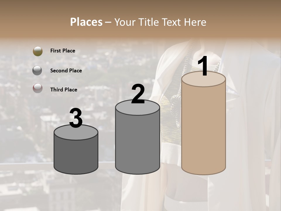 A Woman In A White Coat Is Standing In Front Of A Cityscape PowerPoint Template