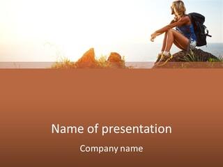 A Woman Sitting On A Rock With A Backpack On Her Back PowerPoint Template