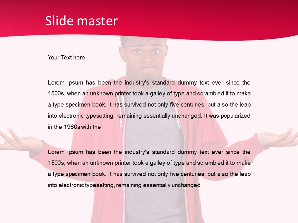 A Man In A Red Jacket Is Holding His Hands Out PowerPoint Template