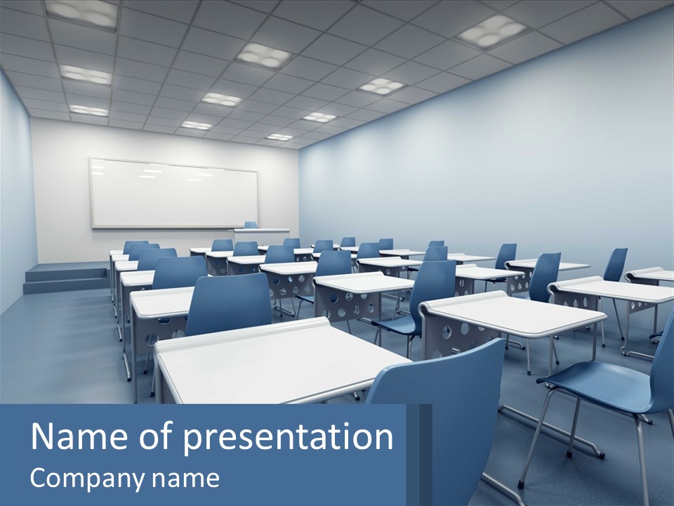 A Classroom With Blue Chairs And A Whiteboard PowerPoint Template