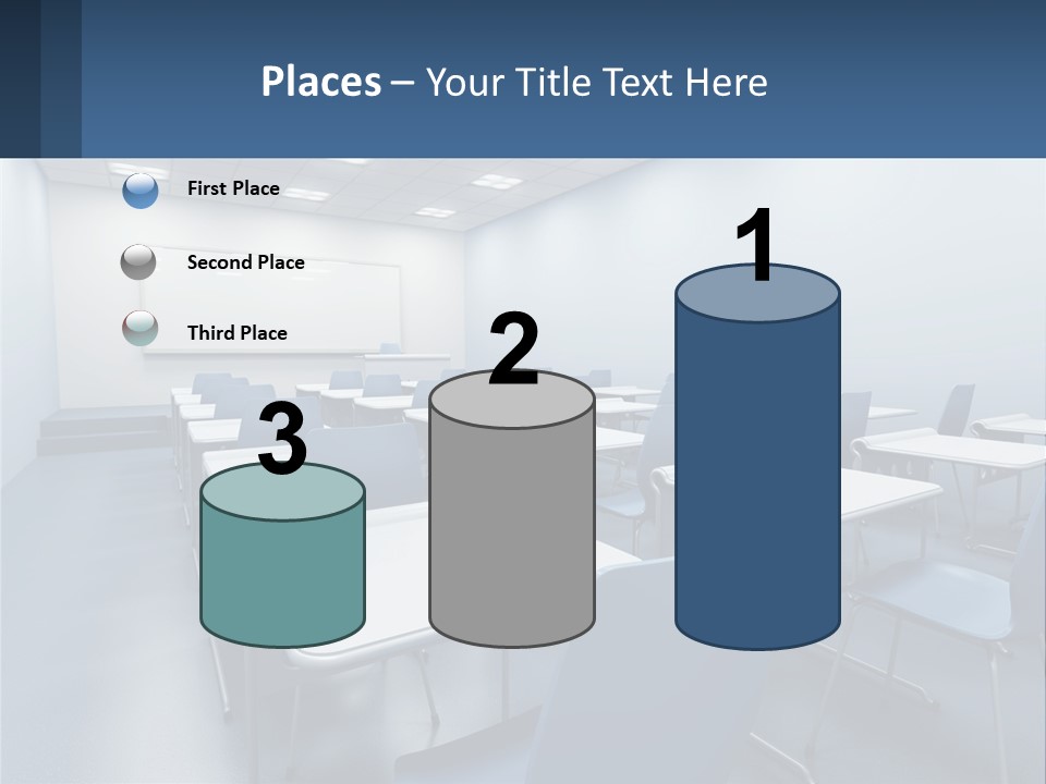 A Classroom With Blue Chairs And A Whiteboard PowerPoint Template
