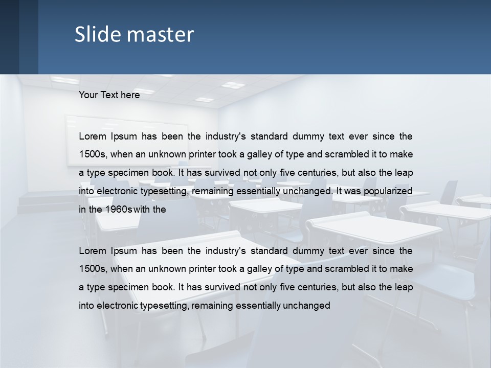 A Classroom With Blue Chairs And A Whiteboard PowerPoint Template