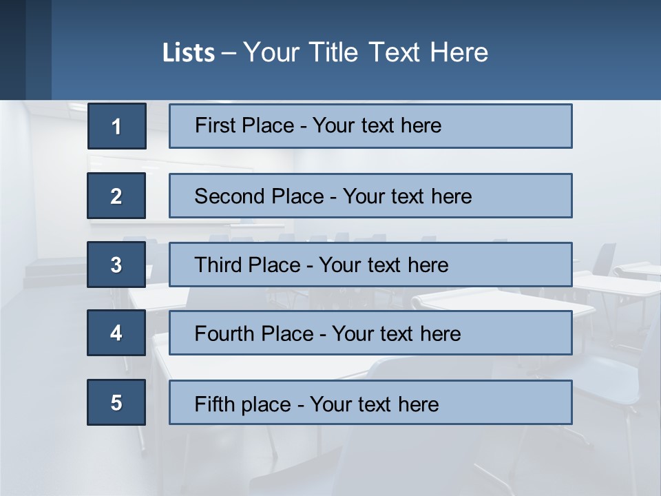 A Classroom With Blue Chairs And A Whiteboard PowerPoint Template