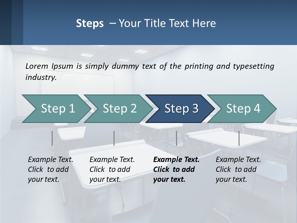 A Classroom With Blue Chairs And A Whiteboard PowerPoint Template
