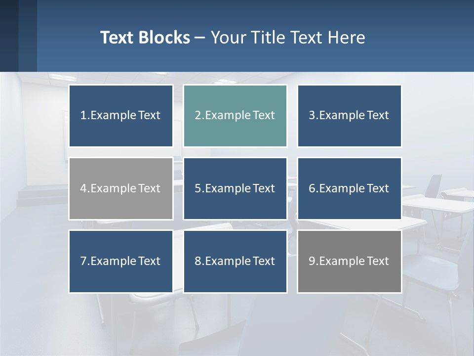 A Classroom With Blue Chairs And A Whiteboard PowerPoint Template