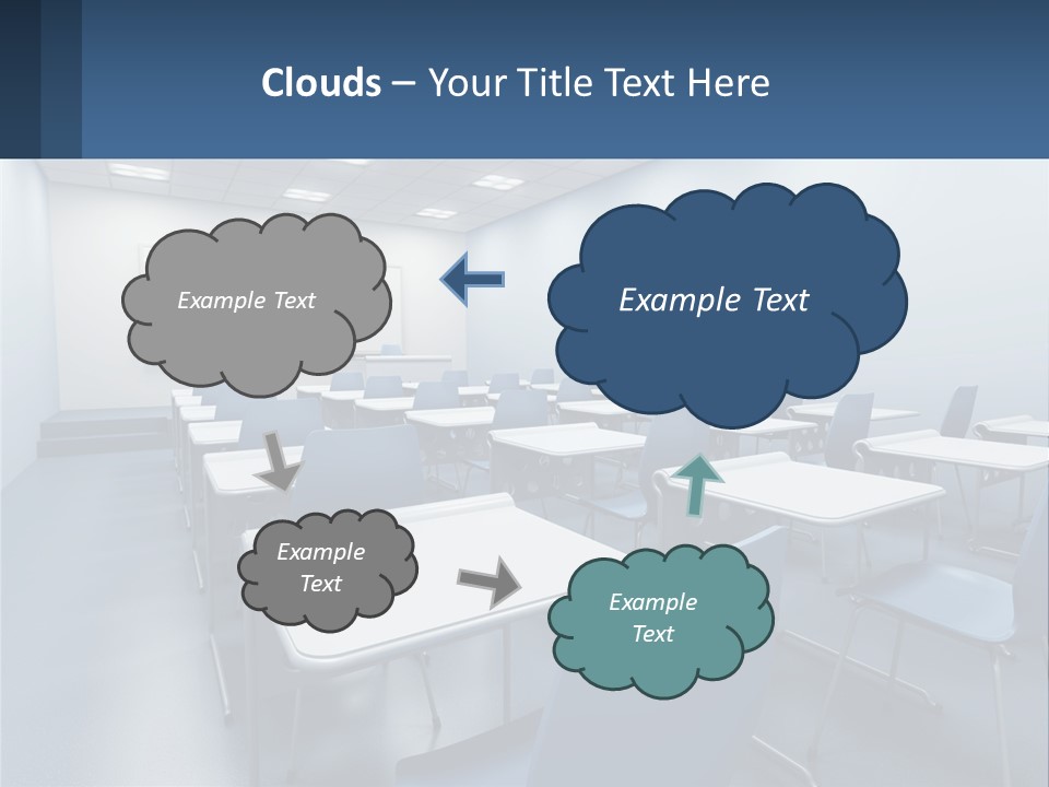 A Classroom With Blue Chairs And A Whiteboard PowerPoint Template