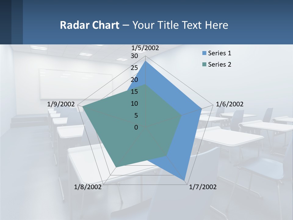 A Classroom With Blue Chairs And A Whiteboard PowerPoint Template