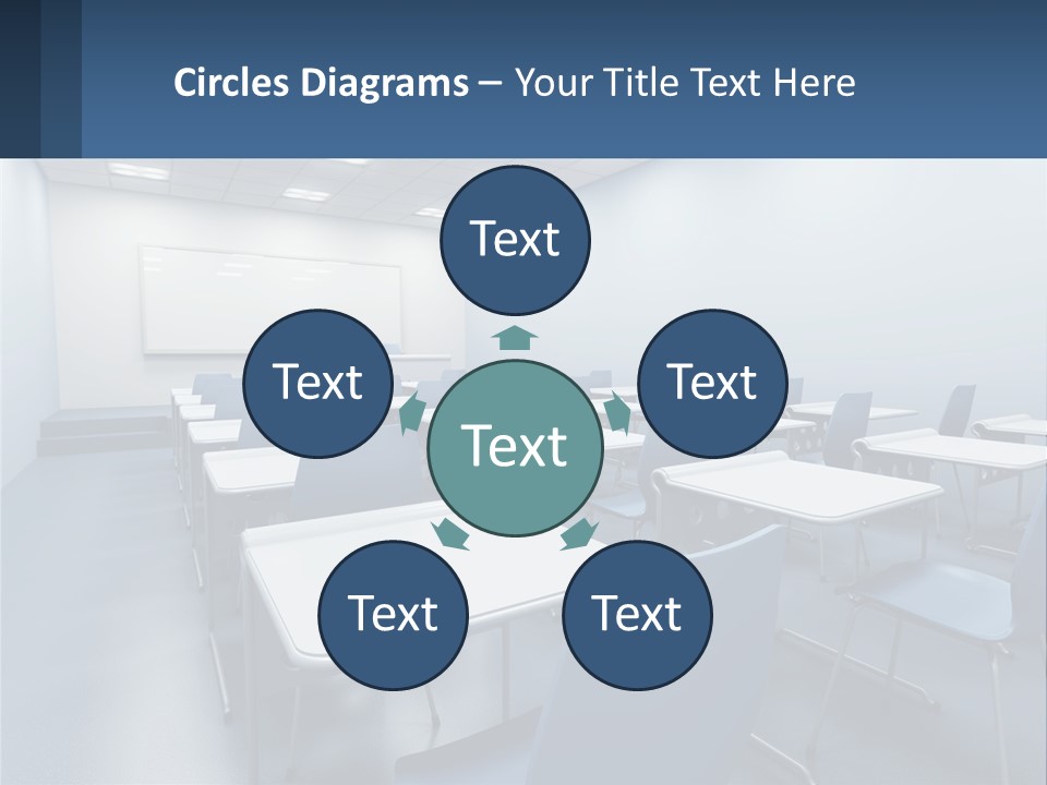 A Classroom With Blue Chairs And A Whiteboard PowerPoint Template