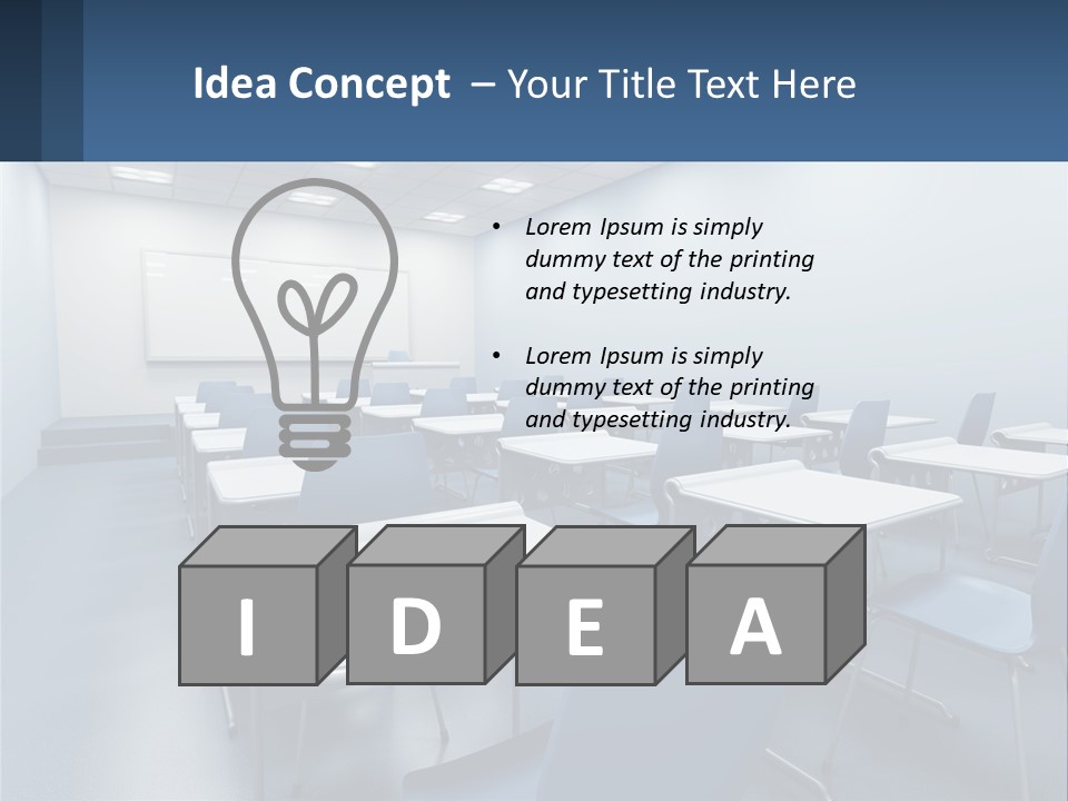 A Classroom With Blue Chairs And A Whiteboard PowerPoint Template