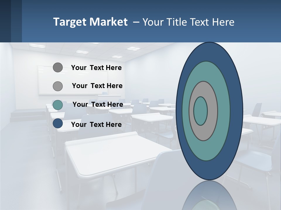 A Classroom With Blue Chairs And A Whiteboard PowerPoint Template