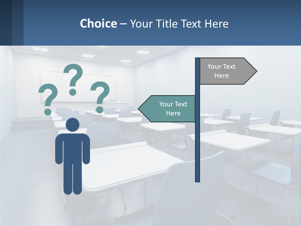 A Classroom With Blue Chairs And A Whiteboard PowerPoint Template