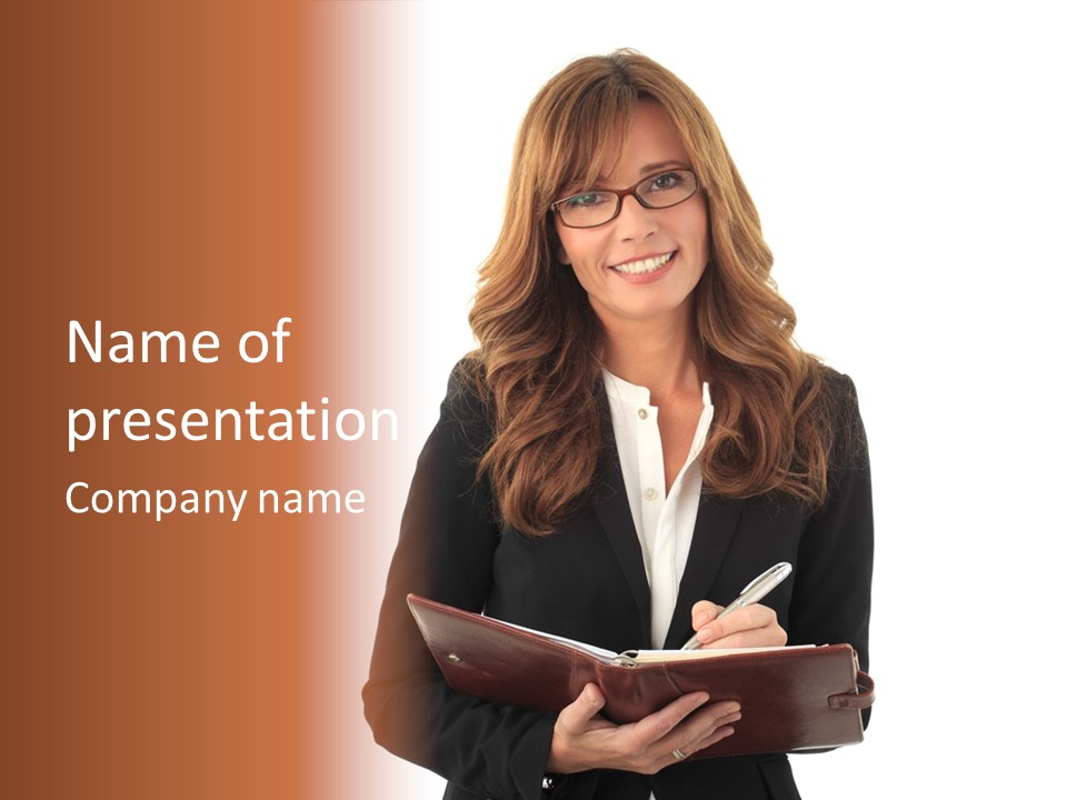 A Woman In A Business Suit Writing On A Clipboard PowerPoint Template