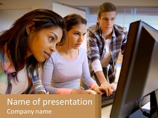 A Group Of People Looking At A Computer Screen PowerPoint Template