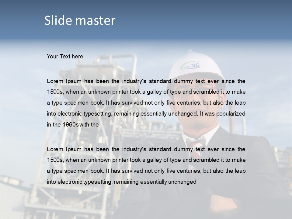 A Man Wearing A Hard Hat Standing In Front Of A Power Plant PowerPoint Template