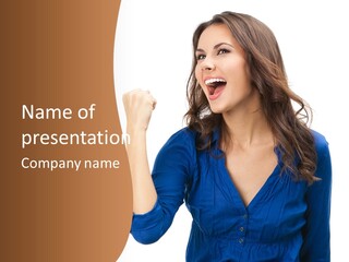 A Woman In A Blue Shirt Is Pointing At Something PowerPoint Template