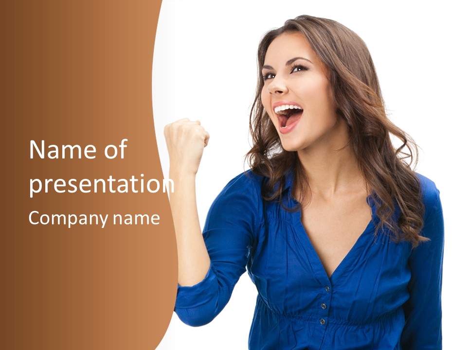 A Woman In A Blue Shirt Is Pointing At Something PowerPoint Template