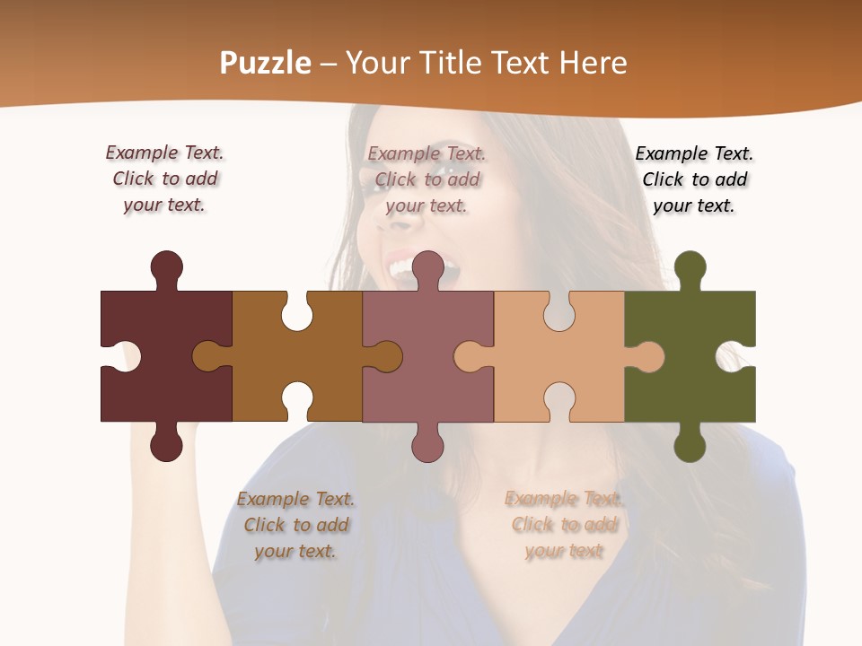 A Woman In A Blue Shirt Is Pointing At Something PowerPoint Template