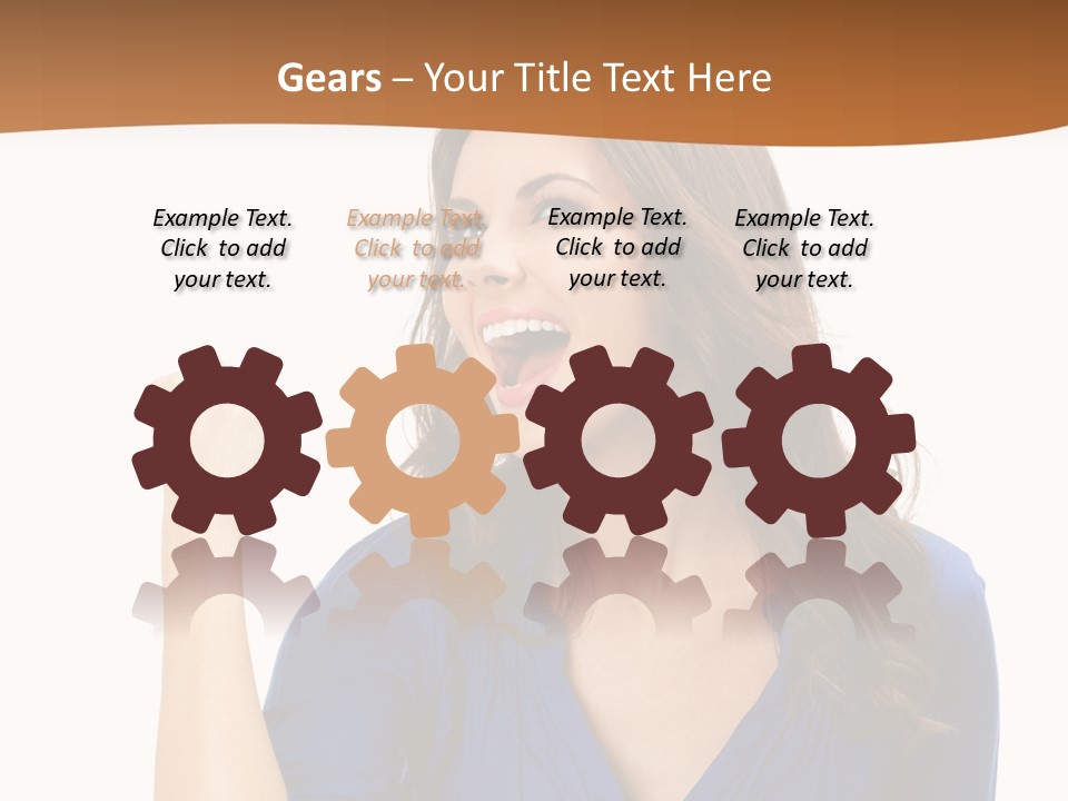 A Woman In A Blue Shirt Is Pointing At Something PowerPoint Template