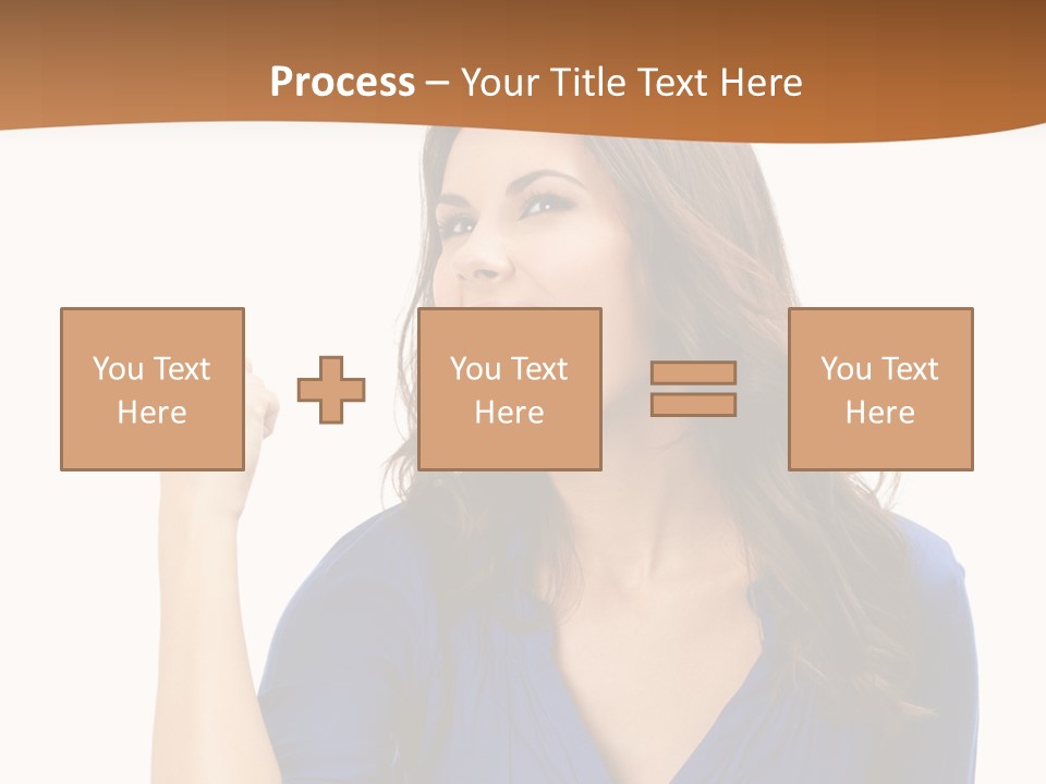 A Woman In A Blue Shirt Is Pointing At Something PowerPoint Template