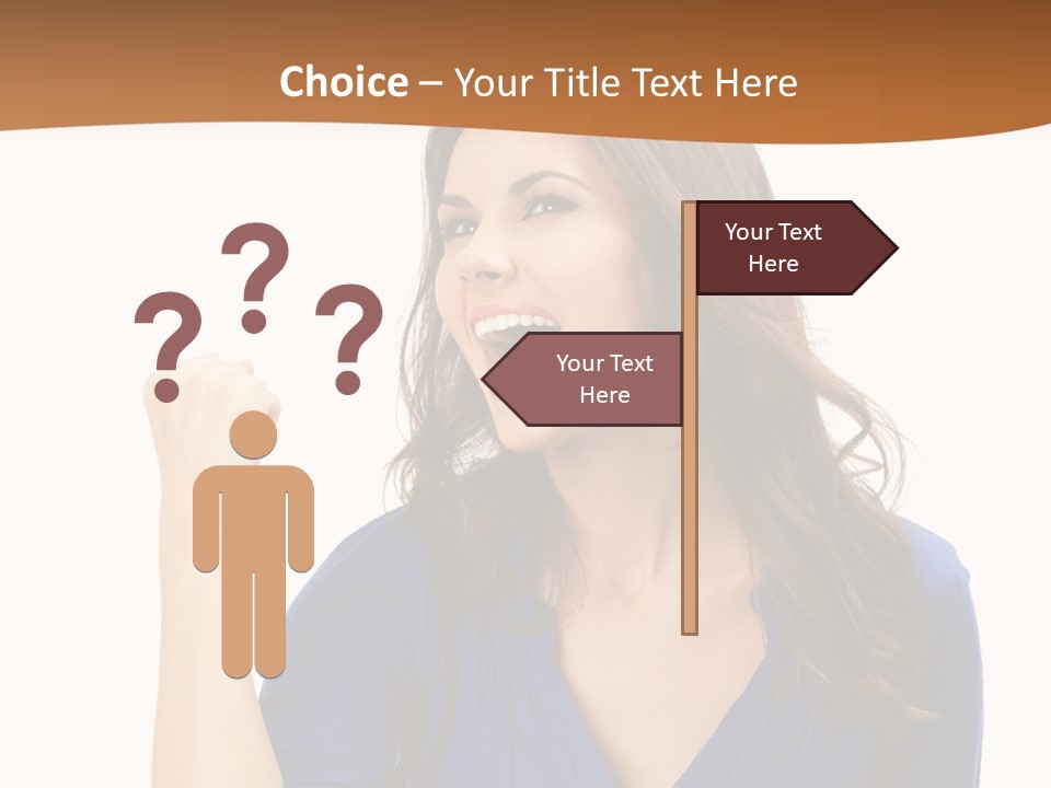 A Woman In A Blue Shirt Is Pointing At Something PowerPoint Template