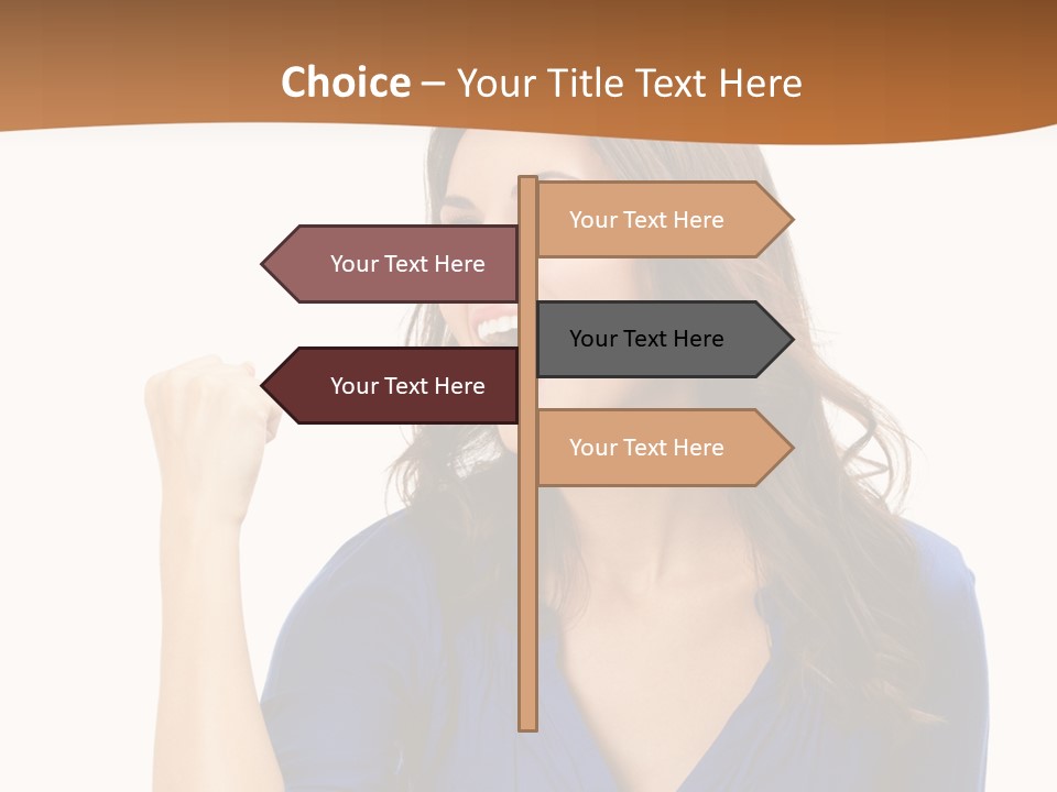 A Woman In A Blue Shirt Is Pointing At Something PowerPoint Template