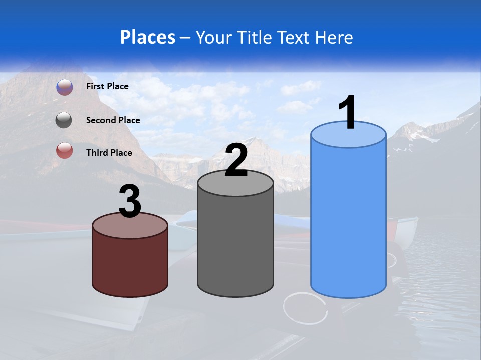 A Row Of Canoes On A Lake With Mountains In The Background PowerPoint Template