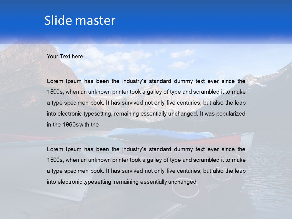 A Row Of Canoes On A Lake With Mountains In The Background PowerPoint Template