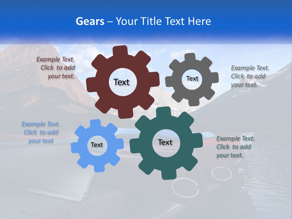 A Row Of Canoes On A Lake With Mountains In The Background PowerPoint Template