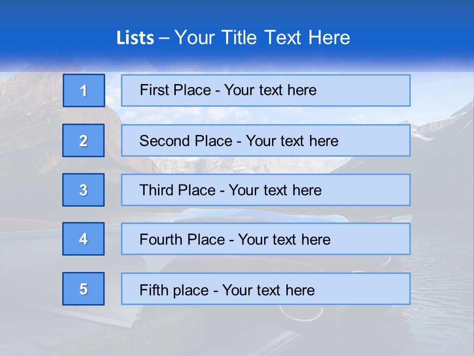 A Row Of Canoes On A Lake With Mountains In The Background PowerPoint Template