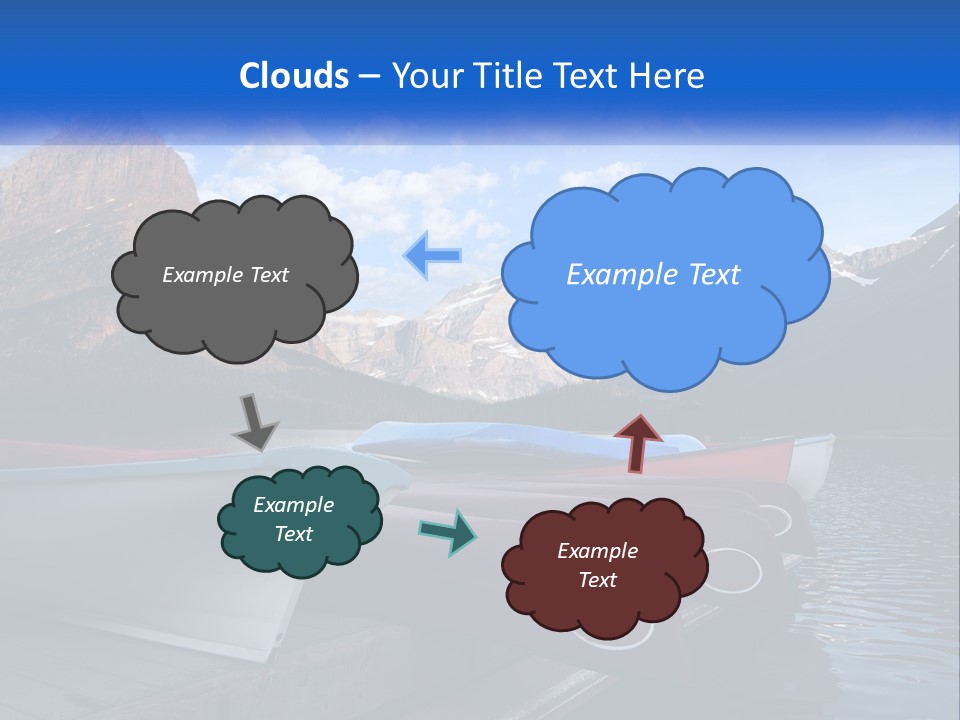 A Row Of Canoes On A Lake With Mountains In The Background PowerPoint Template