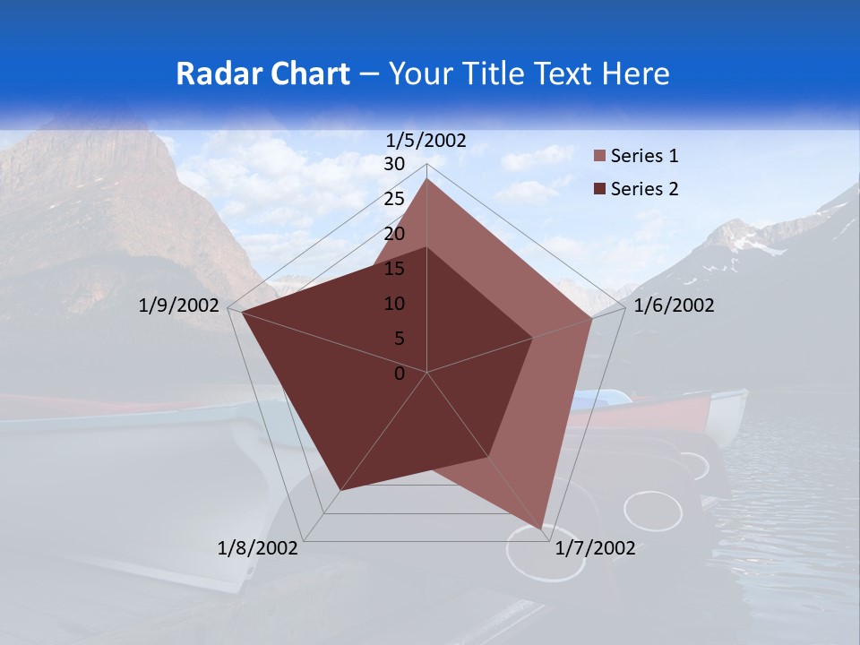 A Row Of Canoes On A Lake With Mountains In The Background PowerPoint Template