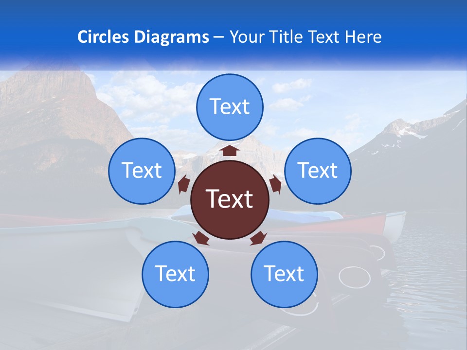 A Row Of Canoes On A Lake With Mountains In The Background PowerPoint Template