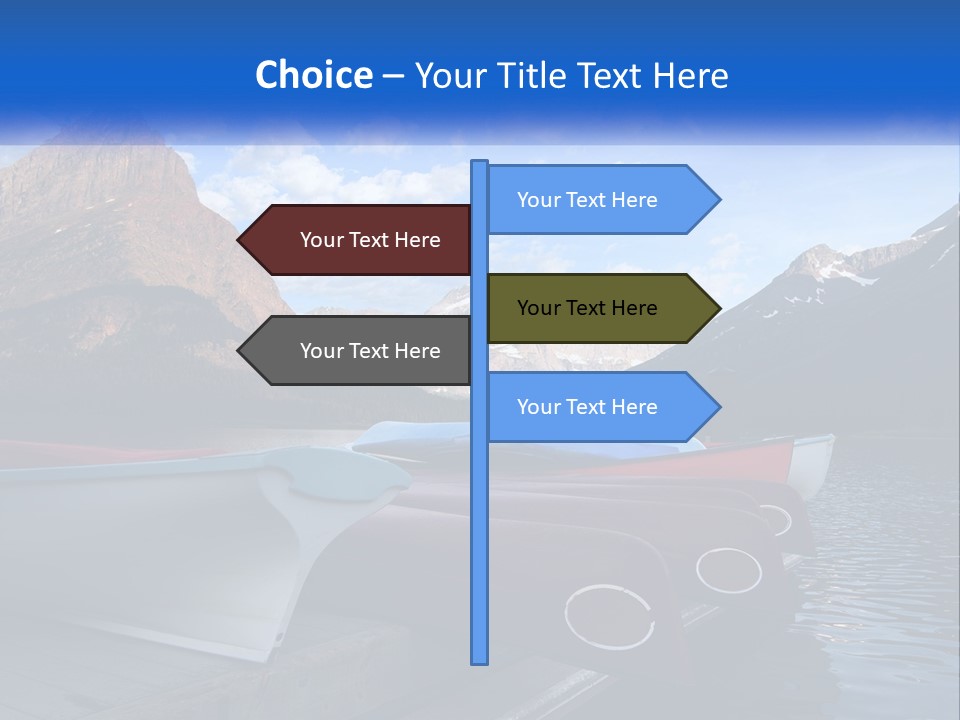 A Row Of Canoes On A Lake With Mountains In The Background PowerPoint Template