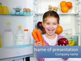 A Young Girl Holding Carrots In Front Of An Open Refrigerator PowerPoint Template