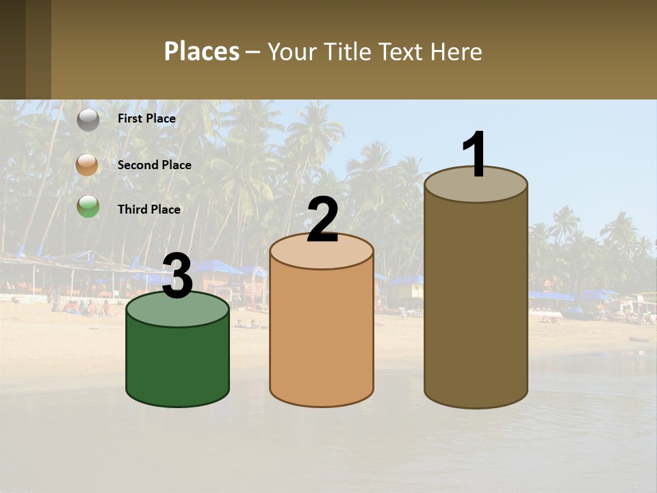 A Sandy Beach With Palm Trees And Blue Umbrellas PowerPoint Template