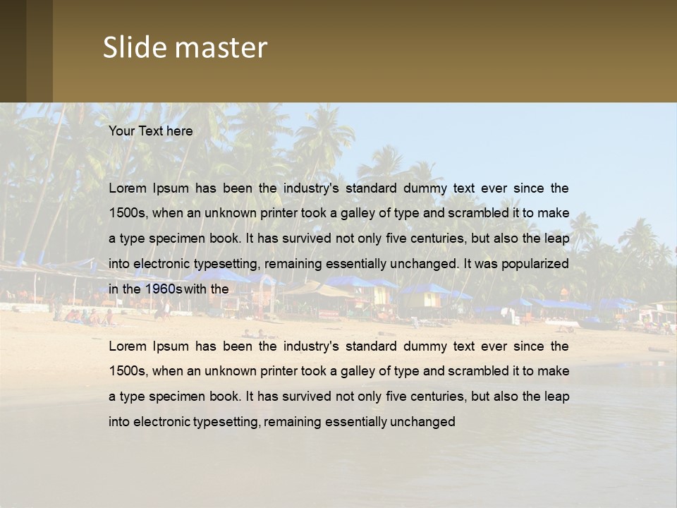 A Sandy Beach With Palm Trees And Blue Umbrellas PowerPoint Template