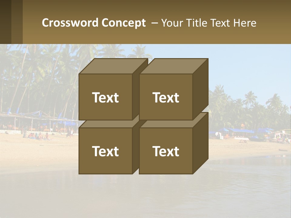 A Sandy Beach With Palm Trees And Blue Umbrellas PowerPoint Template