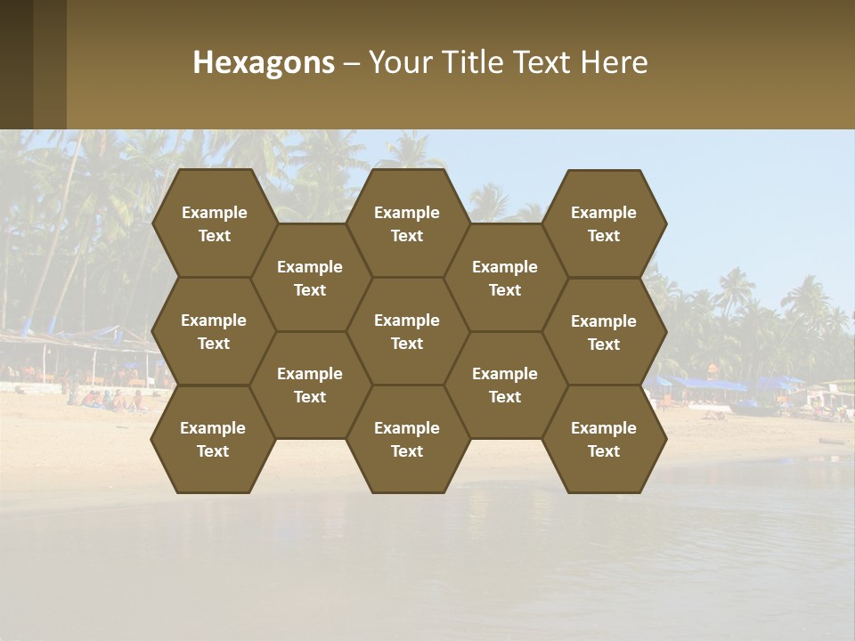 A Sandy Beach With Palm Trees And Blue Umbrellas PowerPoint Template