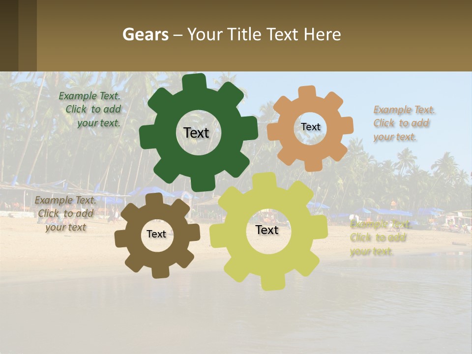 A Sandy Beach With Palm Trees And Blue Umbrellas PowerPoint Template