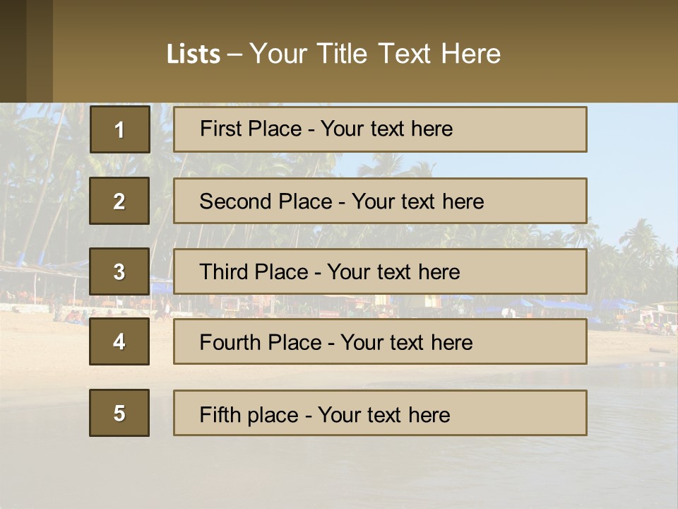 A Sandy Beach With Palm Trees And Blue Umbrellas PowerPoint Template