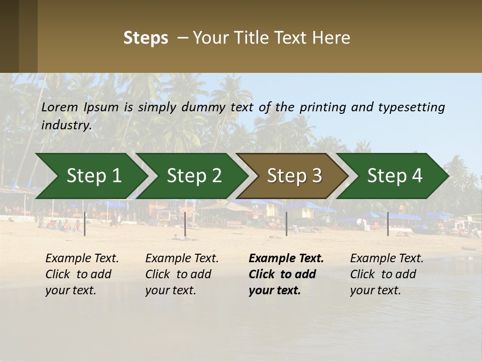 A Sandy Beach With Palm Trees And Blue Umbrellas PowerPoint Template