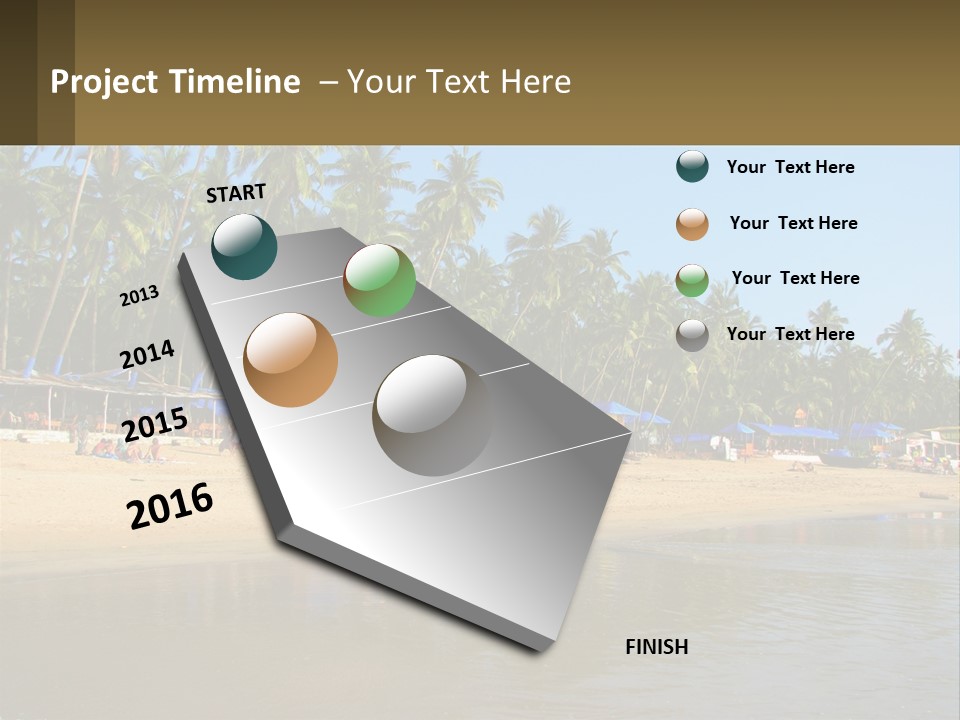 A Sandy Beach With Palm Trees And Blue Umbrellas PowerPoint Template