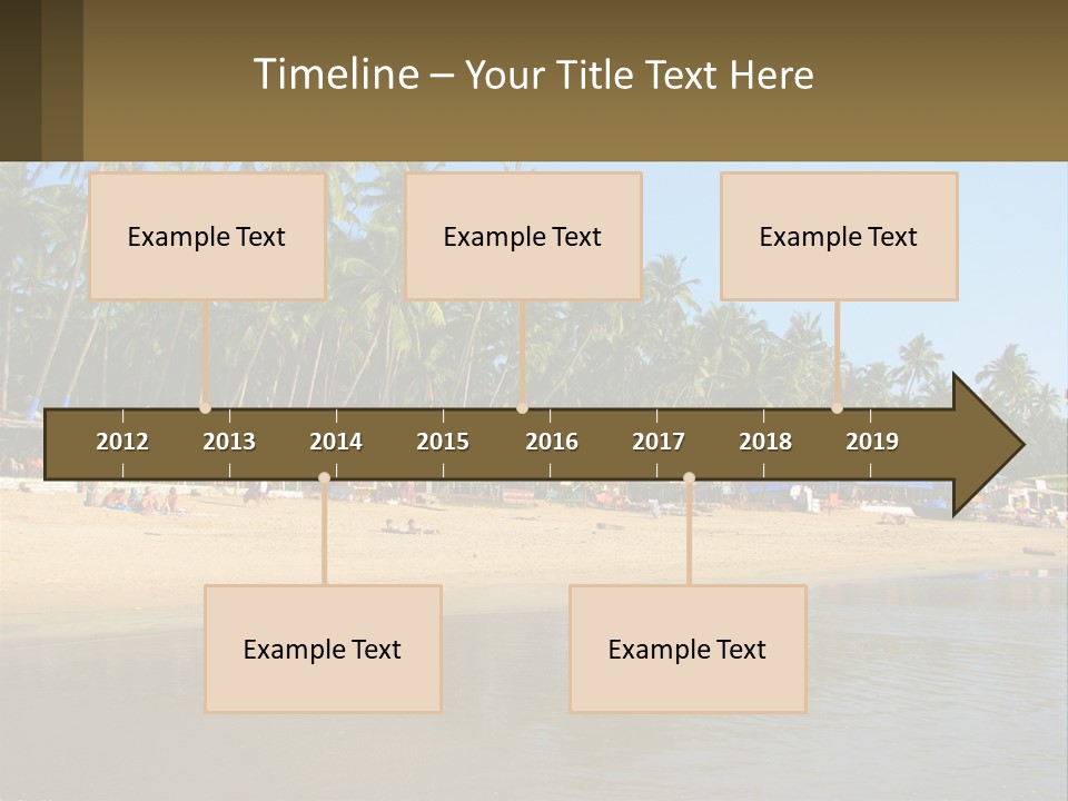 A Sandy Beach With Palm Trees And Blue Umbrellas PowerPoint Template