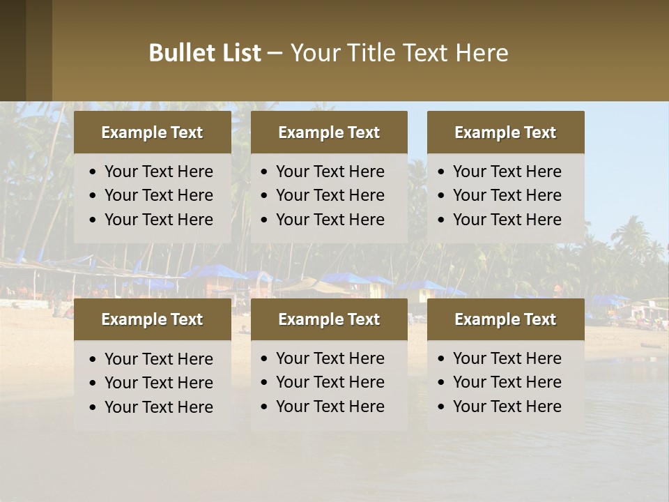 A Sandy Beach With Palm Trees And Blue Umbrellas PowerPoint Template