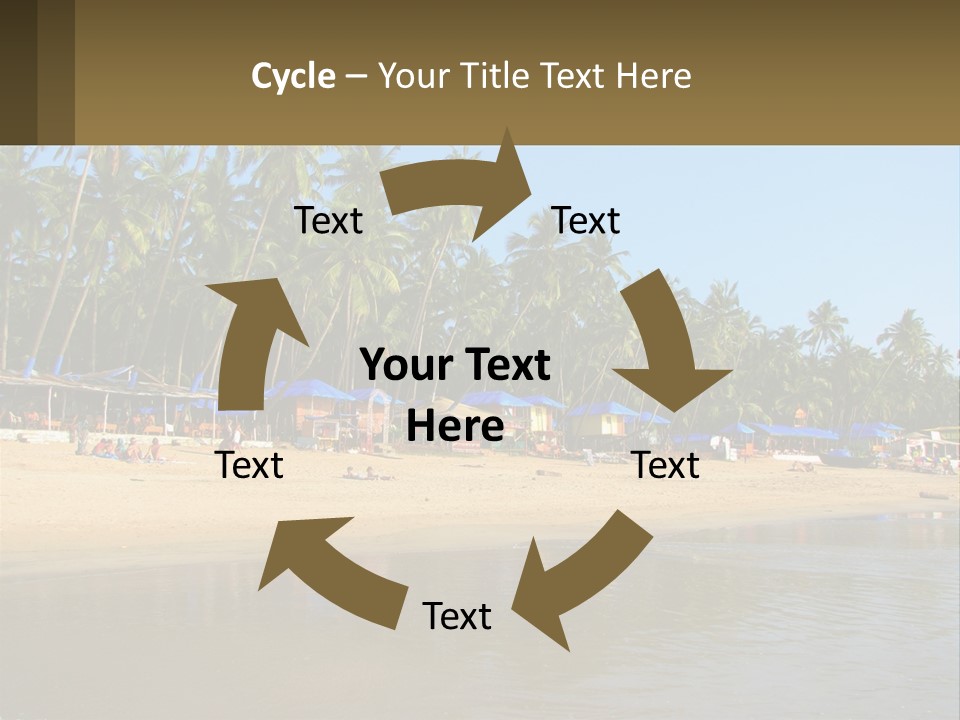 A Sandy Beach With Palm Trees And Blue Umbrellas PowerPoint Template