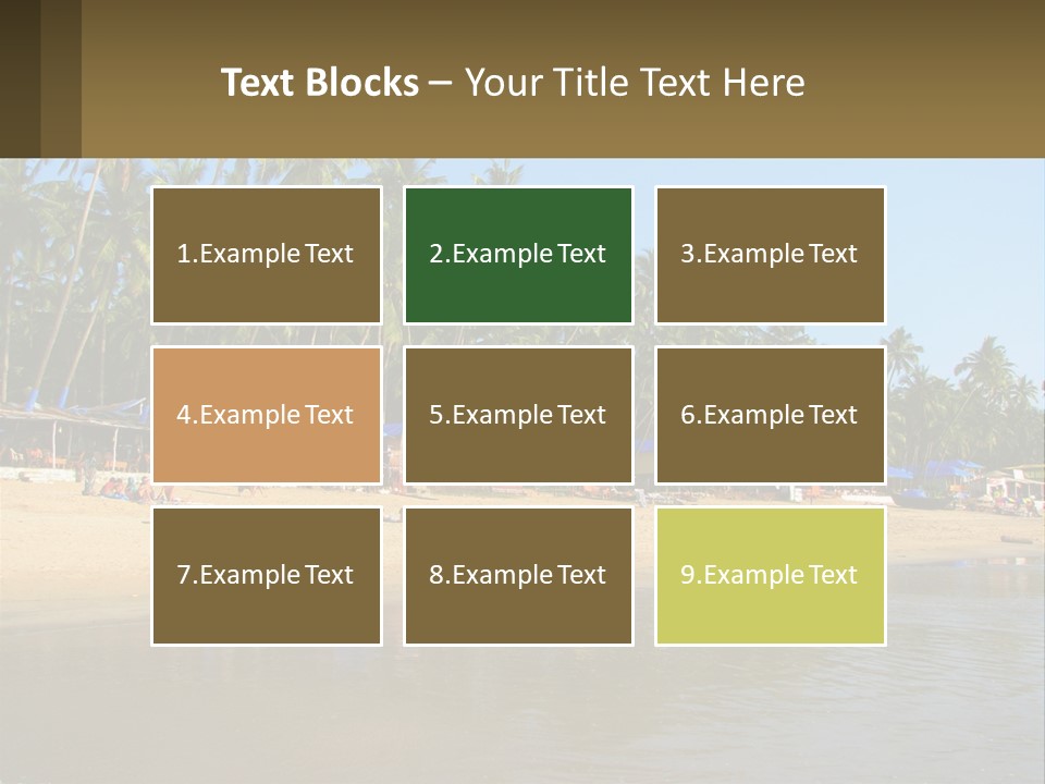 A Sandy Beach With Palm Trees And Blue Umbrellas PowerPoint Template