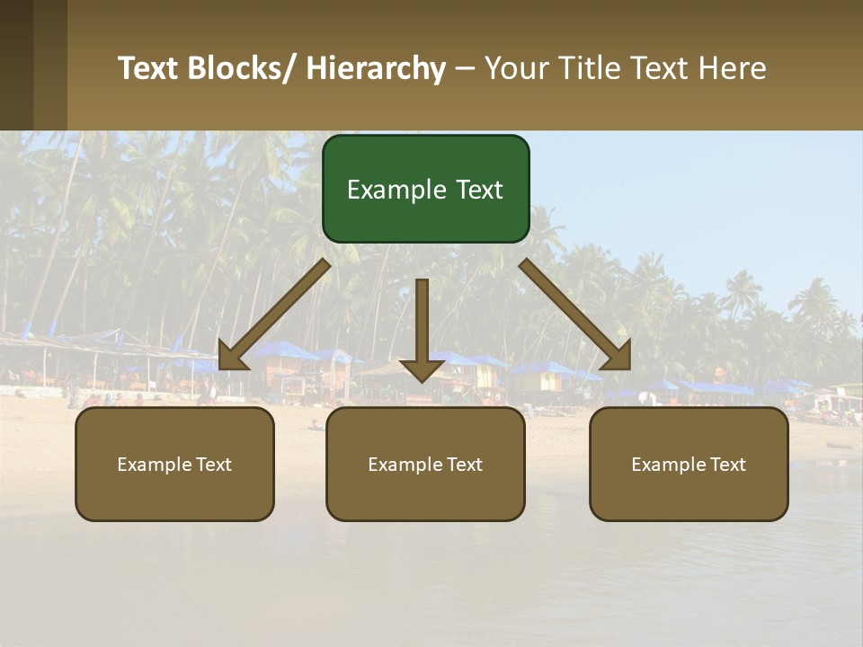 A Sandy Beach With Palm Trees And Blue Umbrellas PowerPoint Template