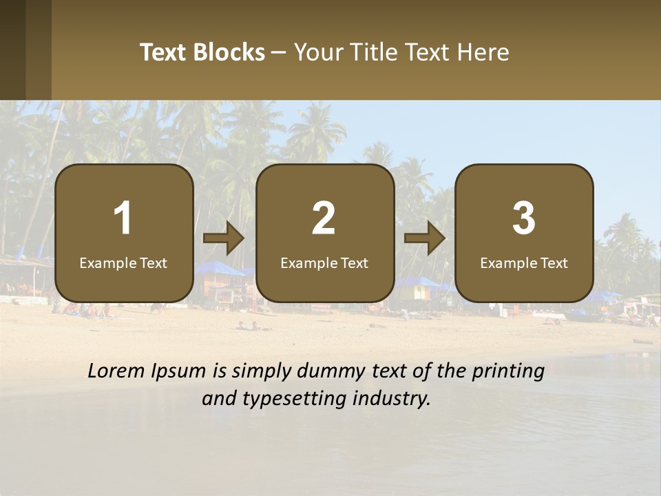 A Sandy Beach With Palm Trees And Blue Umbrellas PowerPoint Template