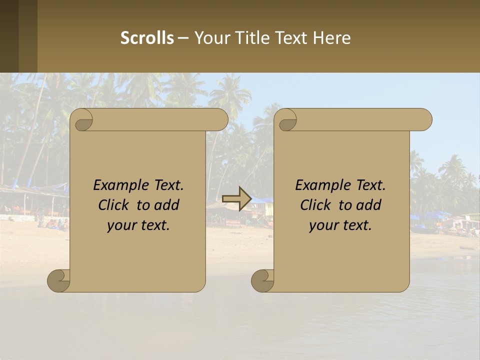 A Sandy Beach With Palm Trees And Blue Umbrellas PowerPoint Template