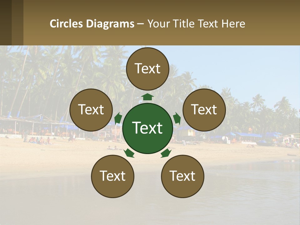 A Sandy Beach With Palm Trees And Blue Umbrellas PowerPoint Template